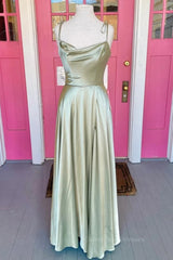 Bridesmaid Dress Beach, Open Back Sage Satin Long Prom Dress with High Slit, Long Sage Formal Graduation Evening Dress