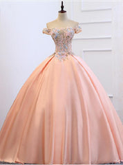 Orange Pink Satin Off the Shoulder Appliques Quinceanera Dress