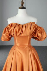 Prom Dresses 2019, Orange Satin A-Line Floor Length Prom Dress, Off the Shoulder Evening Party Dress