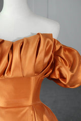 Prom Dresses A Line, Orange Satin A-Line Floor Length Prom Dress, Off the Shoulder Evening Party Dress