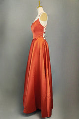 Orange Satin Prom Dresses A-line Square Neckline Spaghetti Straps Sweep Train Evening Dresses