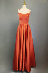 Orange Satin Prom Dresses A-line Square Neckline Spaghetti Straps Sweep Train Evening Dresses