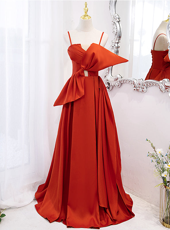 Orange Satin Spaghetti Straps Bow Prom Dress