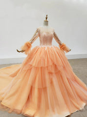 Orange Tulle Long Sleeve Lace Appliques Wedding Dress