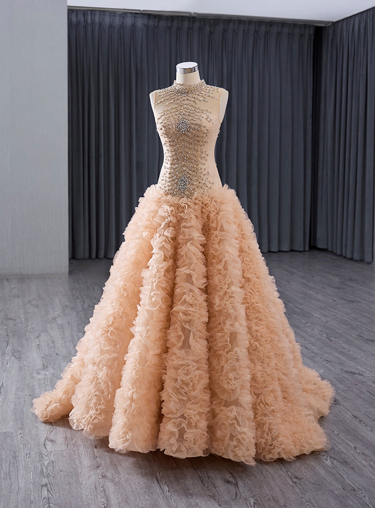 Orange Tulle Mermaid Ruffles Beading Crystal Prom Dress