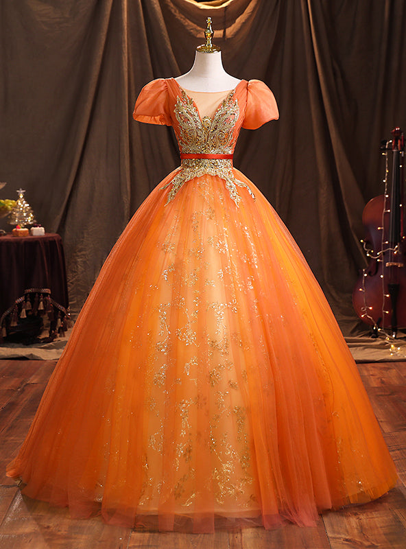 Orange Tulle Sequins Appliques Quinceanera Dresses