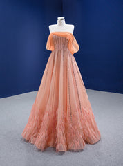 Orange Tulle Sequins Beading Feather Hand Work Prom Dress