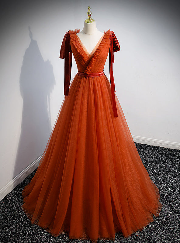 Orange Tulle V-neck Pleats Sleeveless Prom Dress