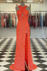 Homecoming Dresses Pretty, Cross Front Hot Pink Sequins Mermaid Long Formal Dress