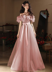 Pink A-line Off Shoulder Tulle Party Dress, Pink Tulle Prom Dress