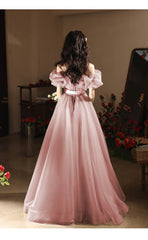 Pink A-line Off Shoulder Tulle Party Dress, Pink Tulle Prom Dress