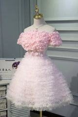 Pink A Line Tulle Homecoming Dresses With Flower Appliques