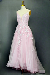 Pink A-line V Neck Spaghetti Straps Sweep Train Tulle Prom Dresses With Appliqued Beading