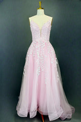 Pink A-line V Neck Spaghetti Straps Sweep Train Tulle Prom Dresses With Appliqued Beading