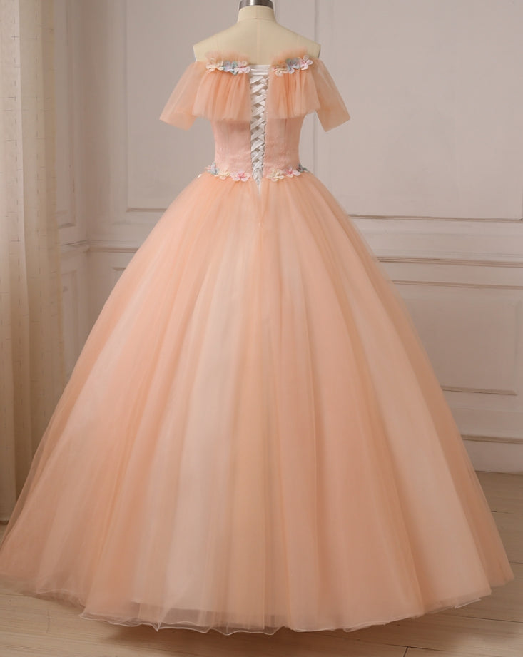 Prom Dress Navy, Pink Ball Gown Off Shoulder Tulle Sweet 16 Dress with Flowers, Pink Formal Dress