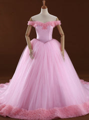 Pink Ball Gown Off The Shoulder Backless Tulle Wedding Dress