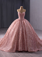 Pink Ball Gown Sequins Beading Prom Dress