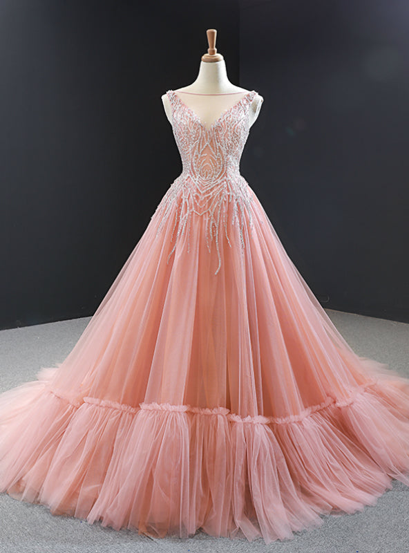 Pink Ball Gown Tulle Beading Backless Long Prom Dress