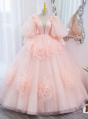 Pink Ball Gown Tulle Long Sleeve Puff Quinceanera Dress