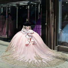 Pink Ball Gown Tulle Off-the-Shoulder Quinceanera Dress with Sequins