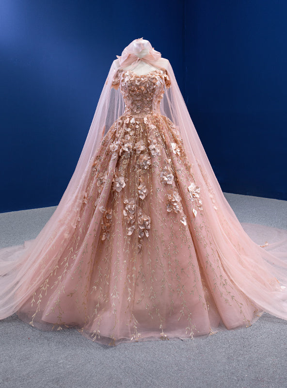 Pink Ball Gown Tulle Sequins 3D Appliques Prom Dress With Shawl