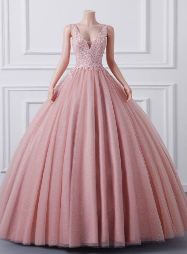 Pink Ball Gown V-neck Sequins Quinceanera Dress