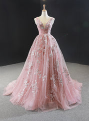 Pink Ball Gown V-neck Tulle Appliques Beading Prom Dress