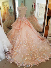 Prom Dresses Light Blue Long, Pink Flowers Round Neckline Sweet 16 Dress, Pink Quinceanera Dress