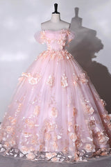 Wedding Photo, Pink Flowers Sweetheart Ball Gown Formal Dresses, Pink Long Sweet 16 Dresses