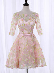 Pink Half Sleeve Flower Homecoming Dress