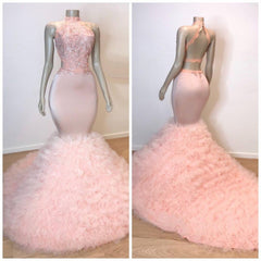 Pink Halter Sleeveless Mermaid Prom Dresses New Arrival Chic Open Back Lace Tulle Evening Gowns