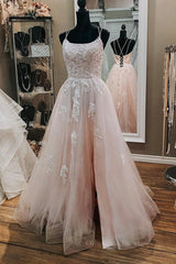 Homecoming Dress Beautiful, Pink Lace Appliques A Line Open Back Tulle Long Prom Dresses, Pink Lace Formal Graduation Evening Dresses