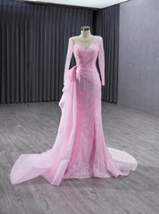 Pink Mermaid Long Sleeve Pearls Prom Dress