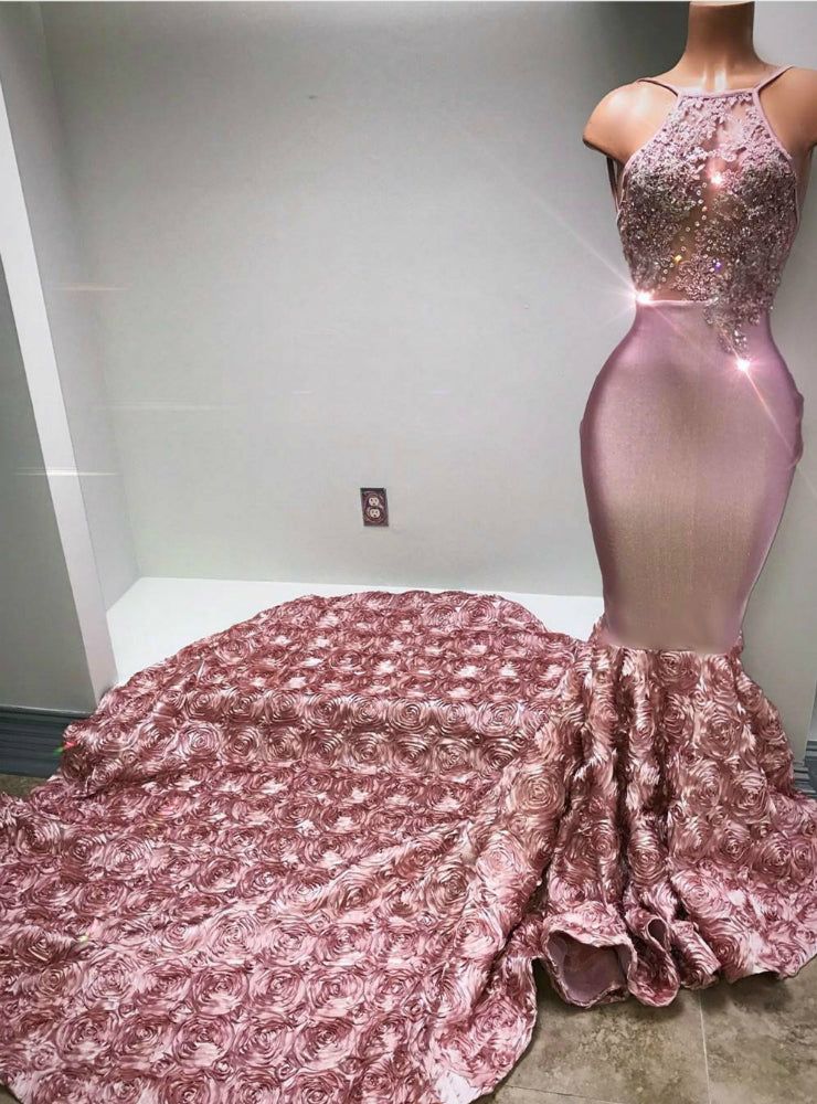 Pink Mermaid Satin Halter See Through Prom Dress With Train