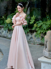 Pink Off Shoulder A-line Satin Long Party Dress, Pink Prom Dress Evening Dress