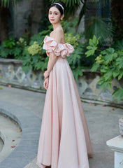 Pink Off Shoulder A-line Satin Long Party Dress, Pink Prom Dress Evening Dress