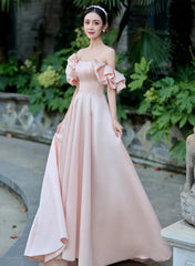 Pink Off Shoulder A-line Satin Long Party Dress, Pink Prom Dress Evening Dress