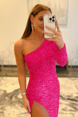 Pink One Shoulder Sequined Prom Dress