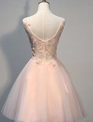 Pink Prom Dresses Evening Dresses Short With Lace Appliques A Line Tulle Evening Wear