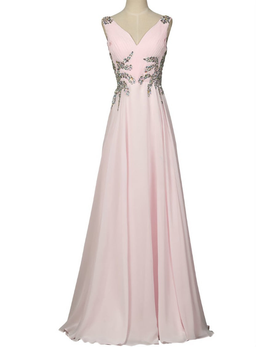 Pink Prom Dresses Long Design Sexy V Neck Sleeveless Evening Prom Gown