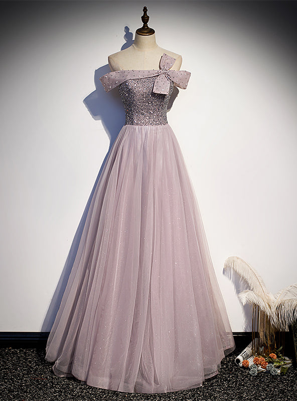 Pink Purple Tulle Sequins Beading Prom Dress