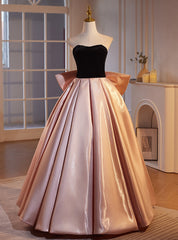 Pink Satin Black Velvet Strapless Prom Dress