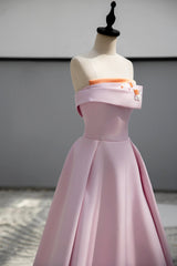 Pink Satin Long A-line Prom Dress, Pink Strapless Evening Party Dress