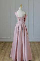 Bridesmaid Dress Custom, Pink Satin Long Prom Dress with Bow, One Shoulder Formal Evening Dress