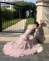 Pink Satin Mermaid Straps Long Formal Dress, Pink Floor Length Prom Dress