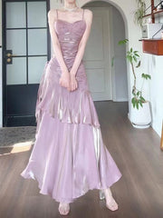 Pink Satin Mermaid Straps Long Formal Dress, Pink Floor Length Prom Dress