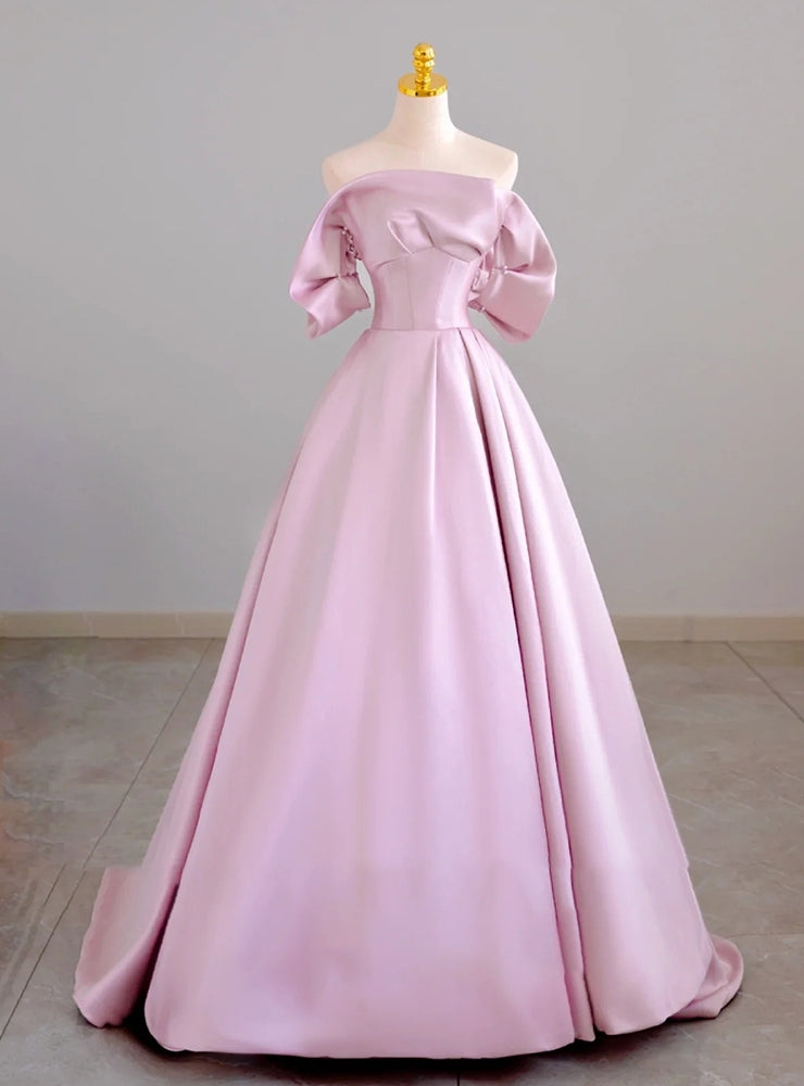 Pink Satin Strapless Beading Prom Dress