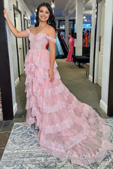 Pink Sequin Appliques Off-the-Shoulder Ruffle Tiered Long Gown