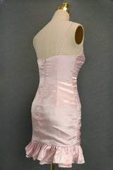 Pink Spaghetti Straps Homecoming Dresses Simple Satin Mini Dresses