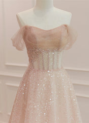 Party Dress Idea, Pink Sparkle Tulle with Beadings Long A-line Formal Dress, Pink Tulle Sweetheart Prom Dress